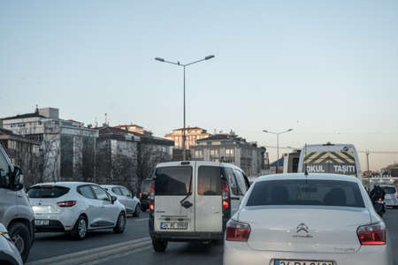 Umraniye, Istanbul, Turkey - 02.18.2021: traffic jam on a crowded road of Istanbul around Vecdi Diker Tunnel with copy spaceのeditorial素材
