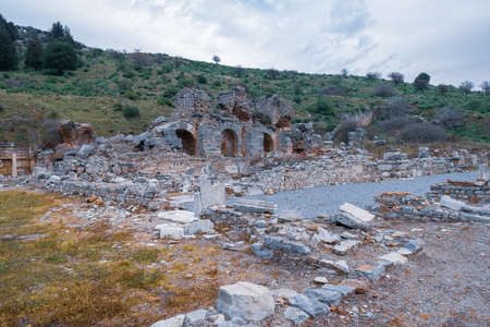Selcuk, Izmir, Turkey - 03.09.2021: baths at the state agora in front of forest in Ephesus ruins,...