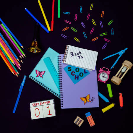 Back to School education Banner Concept on black background top viewの写真素材