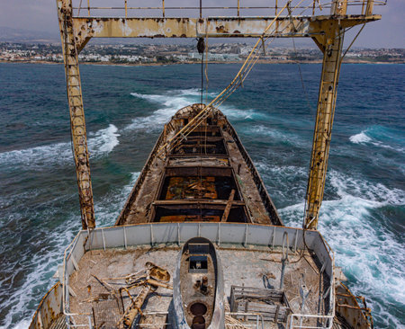 Aerial drone shot of cargo shipwreck in Paphos with waves Cyprus island storm Mediterranean seaの写真素材