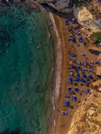Drone Aerial Shot of sandy beach, turquoise Mediterranean sea Cyprus island Vacation Holidays, swimmingの写真素材