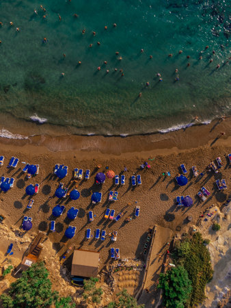 Drone Aerial Shot of sandy beach, turquoise Mediterranean sea Cyprus island Vacation Holidays, swimmingの写真素材