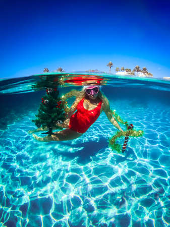Free diver woman in red swimsuit with Christmas tree, underwater, Freediving underwater in oceanの写真素材