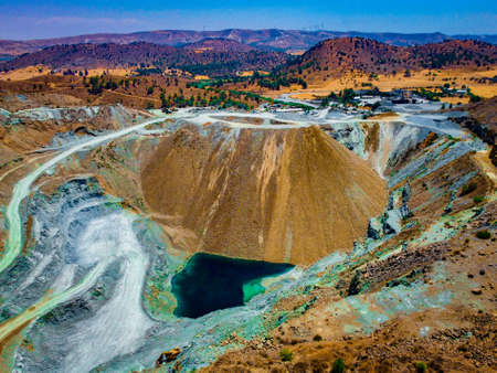drone aerial photo of flooded mosfiloti quarries in Cyprus, green lakes near copper mine, quarryの写真素材