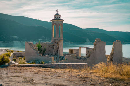 old ruined abandoned church in Cyprus Limassol near blue lakeの写真素材