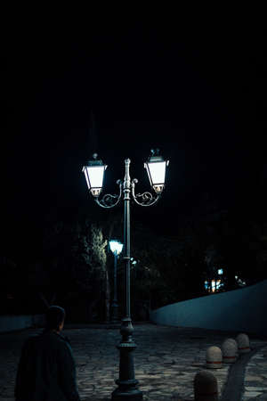 night photo of English style street lamp light in Cyprus