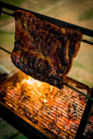close up shot of meat beef grilled steak in street food festival in Cyprusの写真素材