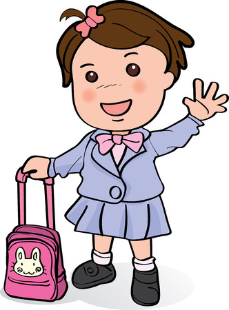 Cute girl with pink pack going to school and waving hand to her parentsのイラスト素材