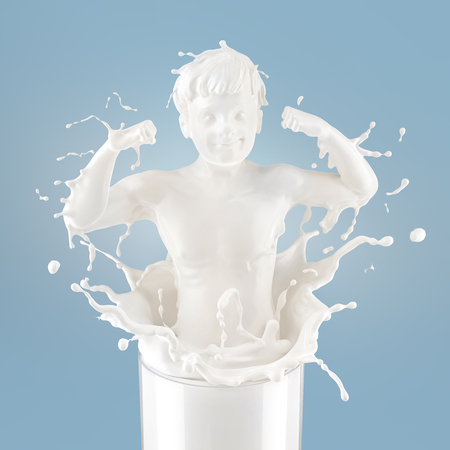 Splash of fresh milk in form of Boy's body. strong action. Splash of milk with clipping path. 3D illustrationの写真素材