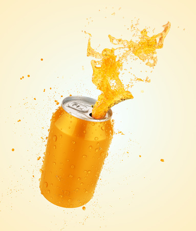Orange juice splash can,fresh juice or soda splash with fresh water drop,3d illustration with clipping path.の写真素材