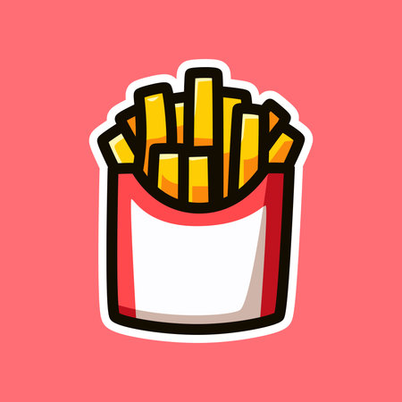 Playful cartoon-style illustration of golden French fries in a red and white container against a...