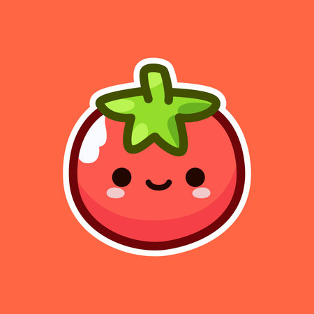 An adorable illustration of a smiling tomato set against an orange background. Ideal for promoting healthy eating, children's materials, and food-related content.のイラスト素材