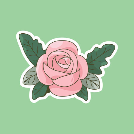A stunning pink rose in full bloom, accompanied by lush green leaves. This illustration captures the timeless elegance of roses, symbolizing love, romance, and beauty.のイラスト素材