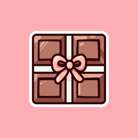 An elegant chocolate box illustration with a red ribbon bow, symbolizing love and sweetness for Valentineâs Day or special occasions.のイラスト素材