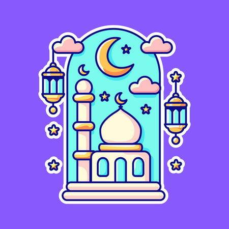 A vibrant mosque illustration with crescent moons, lanterns, and stars, symbolizing the joy and spirituality of Ramadan. Perfect for greeting cards, festive decor, and Islamic-themed designs.のイラスト素材