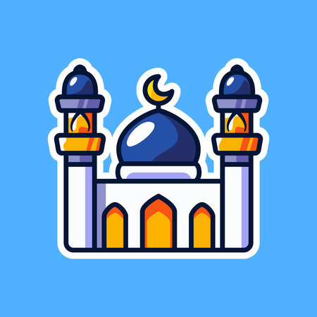 A grand blue and gold mosque featuring crescent moons and domes, symbolizing spirituality and devotion. Perfect for Ramadan and Eid-themed projects, greeting cards, and decorations.のイラスト素材