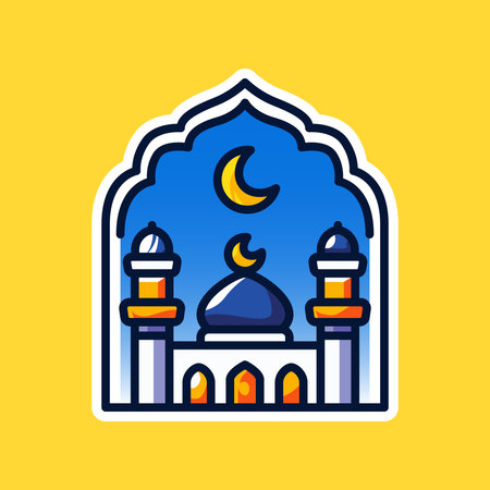 A beautifully detailed mosque with a crescent moon and stars against a bright yellow background, symbolizing Ramadan, faith, and devotion. Ideal for Islamic decorations and greeting cards.のイラスト素材