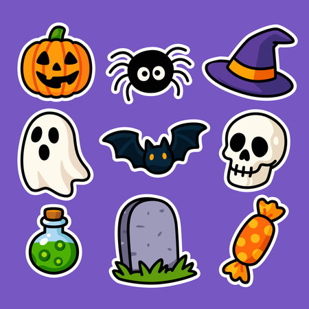 Vibrant Halloween illustration featuring pumpkin, ghost, bat, skull, witch hat, candy, potion, spider, and tombstone. Perfect for party invitations, decorations, and festive projects.のイラスト素材