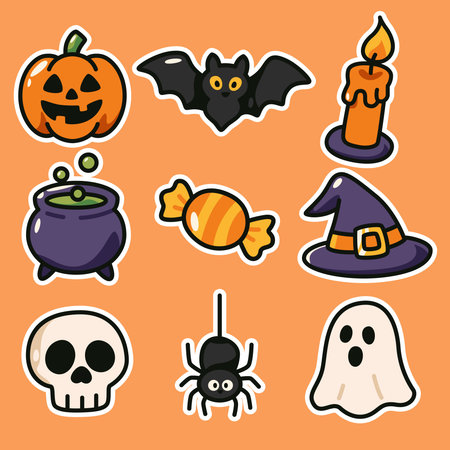 Fun and spooky Halloween illustration featuring pumpkin, ghost, bat, witch hat, skull, cauldron, spider, and candy. Perfect for party invitations, seasonal decor, and festive designs.のイラスト素材