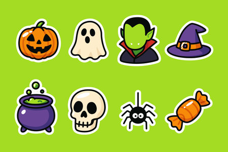 Playful Halloween illustration featuring pumpkin, ghost, Dracula, skull, spider, cauldron, witch hat, and candy. Ideal for party invitations, decorations, and festive design projects.のイラスト素材