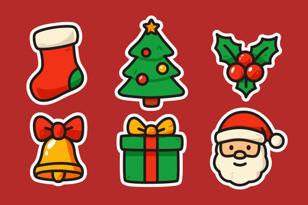 Festive Christmas design featuring Santa Claus, decorated tree, stocking, bell, holly, bow, and gift box in a colorful cartoon style. Perfect for holiday cards, invitations, and seasonal decorations.のイラスト素材