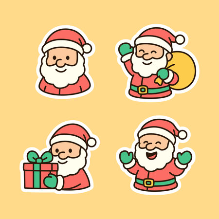 Adorable cartoon illustration of Santa Claus with cheerful expressions holding gifts and spreading joy, perfect for Christmas celebration designs, greeting cards, and festive decorations.のイラスト素材