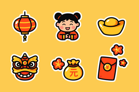 Festive Chinese New Year illustration featuring lantern, lion dance head, gold ingot, red envelope, lucky bag, blossom flower, and a cute girl in traditional costume.のイラスト素材