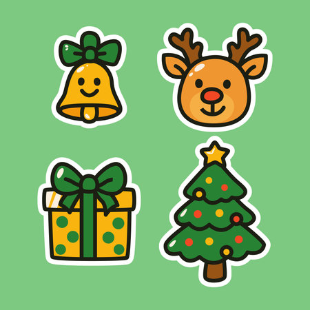 Cute and colorful Christmas illustration pack featuring a reindeer face, golden bell, gift box with ribbon, and decorated Christmas tree to celebrate the holiday spirit.のイラスト素材