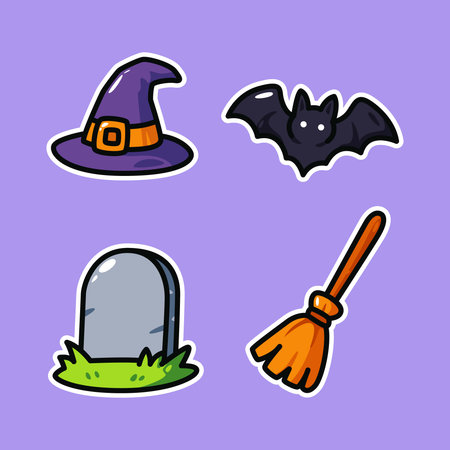 Cartoon Halloween design showing witch hat, flying bat, broomstick, and gravestone in fun spooky style. Perfect for seasonal decorations, party invites, greeting cards, and festive projects.のイラスト素材