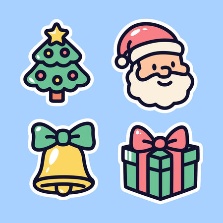 Bright and joyful Christmas design featuring Santa Claus, decorated tree, golden bell, and festive bow in cartoon style. Perfect for seasonal greeting cards, party decor, and invitations.のイラスト素材
