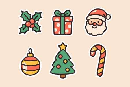 Festive Christmas illustration set featuring Santa Claus, decorated tree, gift box, candy cane, ornament, and holly leaves, perfect for holiday cards and seasonal design.のイラスト素材