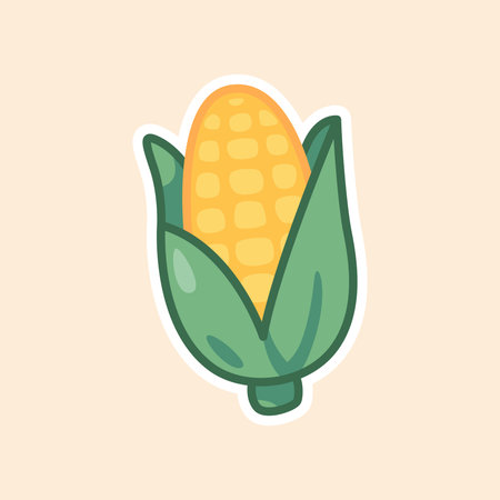 Playful corn illustration with cheerful yellow color and soft pastel background, ideal for farm branding, organic packaging, or kidsâ educational visuals.のイラスト素材