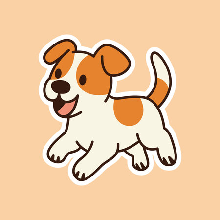 A cheerful cartoon sticker of a Beagle or mixed-breed puppy running happily with its tongue out and its tail wagging. Represents joy, playfulness, and dog exercise.のイラスト素材