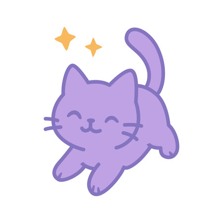 Happy purple cat with sparkling stars in kawaii cartoon design, radiating joy and positivity â perfect for sticker, emoji, or print merchandise.のイラスト素材