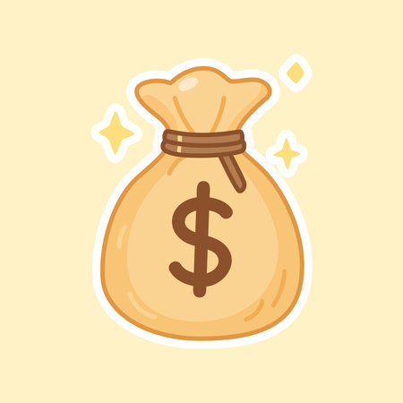 A large cartoon sticker of a full sack or bag of money tied securely with a rope, featuring a bold dollar sign. Represents cash, savings, wealth, and business finance.のイラスト素材