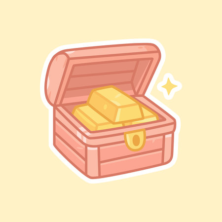 A charming cartoon sticker of an open treasure chest overflowing with shimmering gold bars or ingots. Represents wealth, riches, pirate treasure, and financial success.のイラスト素材