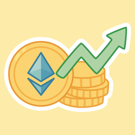 A cartoon sticker of a stack of Ethereum coins with a rising green chart arrow over them. Represents ETH growth, investment success, and increasing blockchain wealth.のイラスト素材