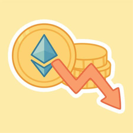 A cartoon sticker of a stack of Ethereum coins with a sharp red downward arrow cutting across it. Represents a sudden market crash, bear trend, and volatility in crypto assets.のイラスト素材