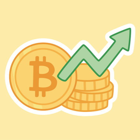 A cartoon sticker of a stack of Bitcoin coins with a rising green chart arrow over them. Represents BTC growth, investment success, and increasing digital wealth.のイラスト素材