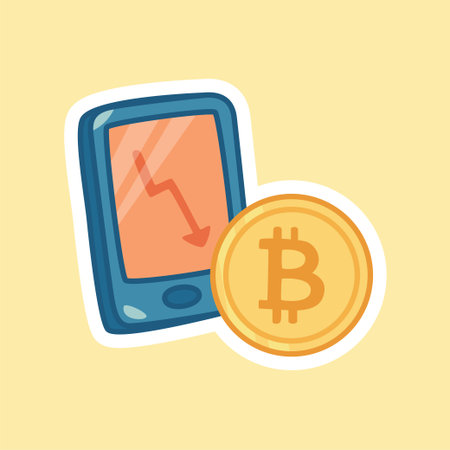 A cartoon sticker of a smartphone showing a falling red arrow on the screen, next to a Bitcoin coin. Represents BTC price decline, loss, bear market, and trading risk.のイラスト素材
