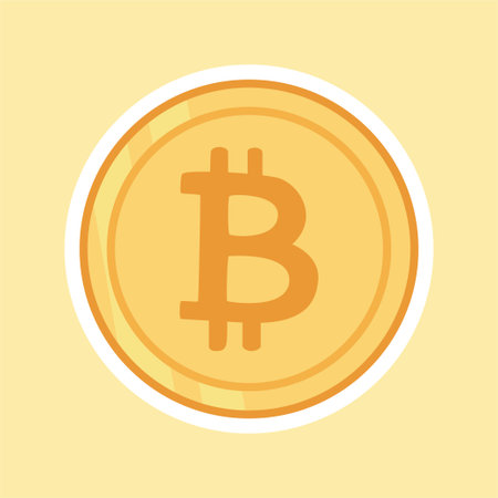 A cheerful cartoon sticker of a single Bitcoin coin with its iconic B symbol. Represents the pioneering cryptocurrency, decentralized finance, and digital money.のイラスト素材