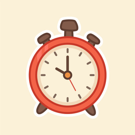 A cartoon sticker of a vintage red alarm clock. Symbolizes the morning run, waking up early, time tracking for exercise, and achieving fitness goals.のイラスト素材
