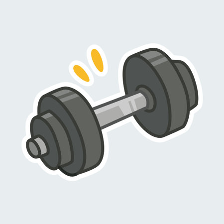 A cartoon sticker of a heavy dumbbell or hand weight with plates, shining with energy. Represents weight training, strength, muscle building, and gym workouts.のイラスト素材
