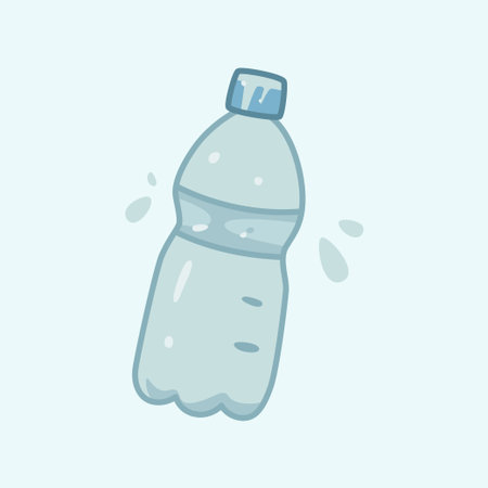 Vector flat illustration of a blue water bottle with droplets, symbolizing hydration, freshness, and healthy fitness lifestyle. Ideal for sport, gym, and marathon visuals.のイラスト素材