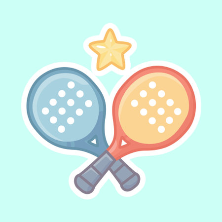 A cartoon sticker of two crossed padel rackets with stars and sparkles. Represents winning a tournament, victory, high achievement, and the glory of the sport.のイラスト素材