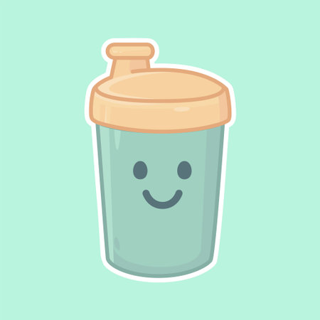 Flat illustration of a protein shaker bottle with cute smiling face in pastel tones. Perfect for fitness, gym, nutrition, or healthy lifestyle design materials.のイラスト素材