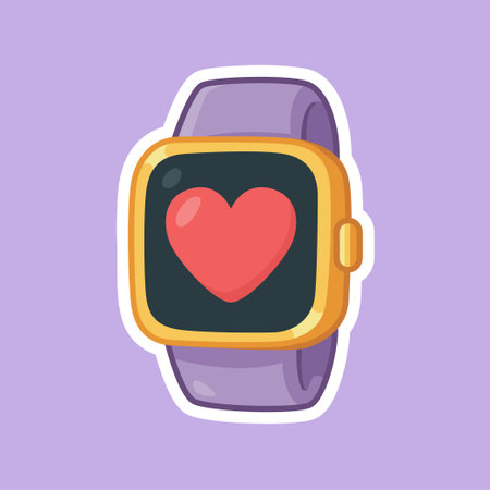 Pastel vector smartwatch with a glowing heart icon symbolizing health, love, and fitness tracking. Great for wellness app design and wearable tech illustration.のイラスト素材