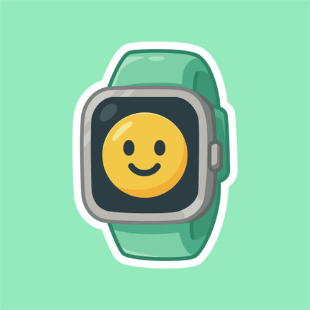 Flat pastel vector of a smartwatch displaying a smiling emoji face. Perfect for tech illustrations, wearable device design, and digital lifestyle graphics.のイラスト素材