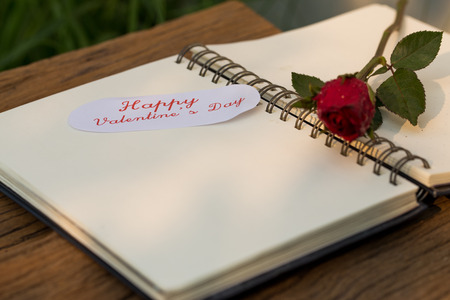 notepad and red rose on wooden backgroundの写真素材