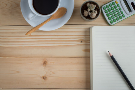 top view of working place elements on wooden tableの写真素材